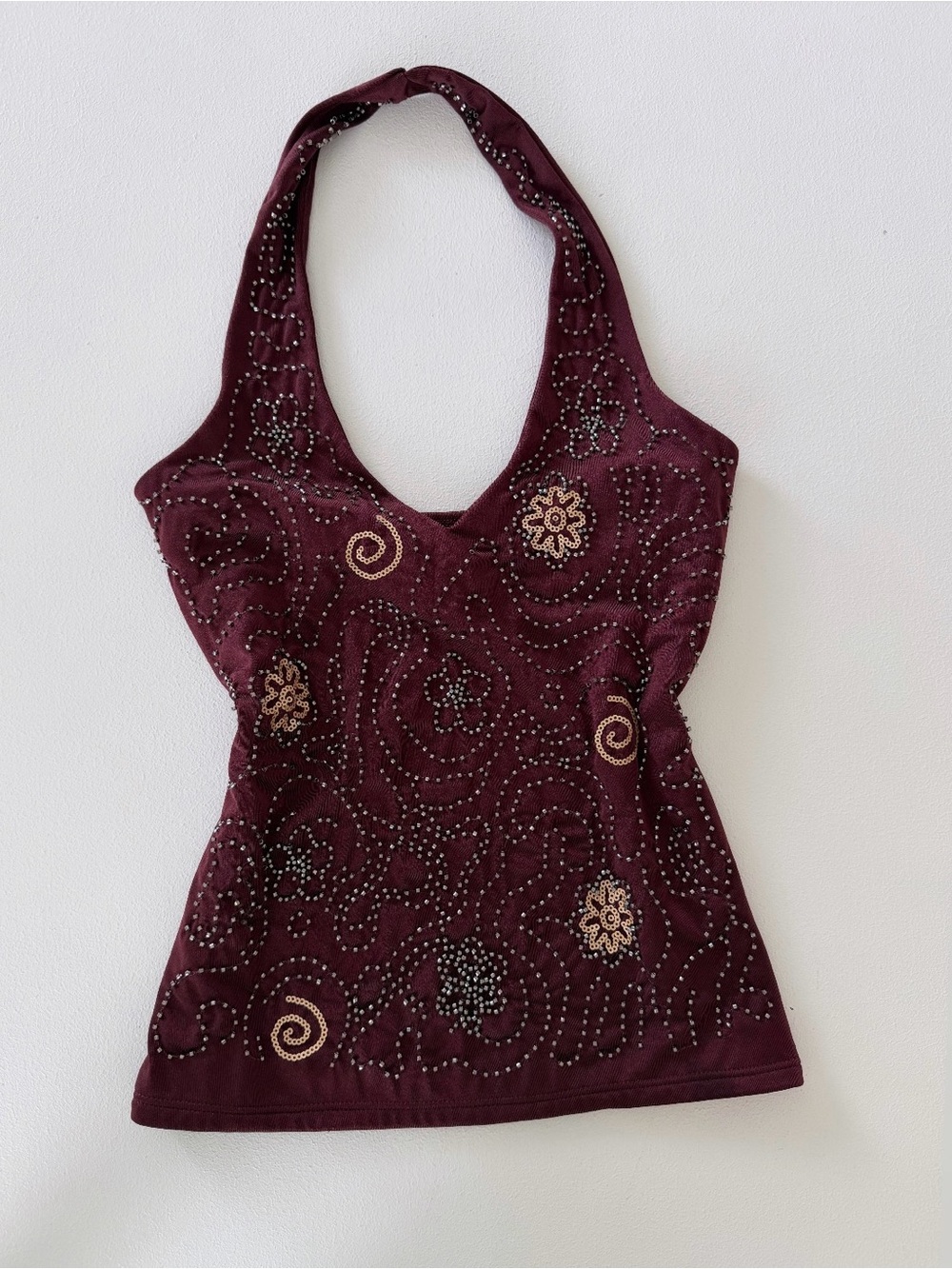 Halter Tank Top with Embellished Swirl Details - Burgundy